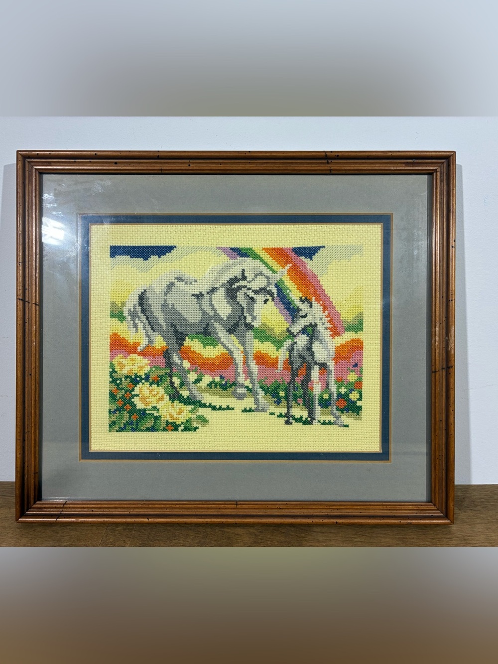 Vintage Handmade 1985 Unicorn Needlepoint Cottagecore Framed Art